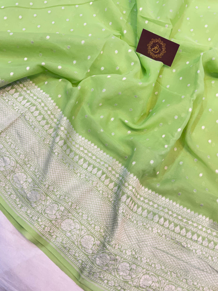 Pista Green Banarasi Handloom Pure Khaddi Georgette Saree - Aura Benaras