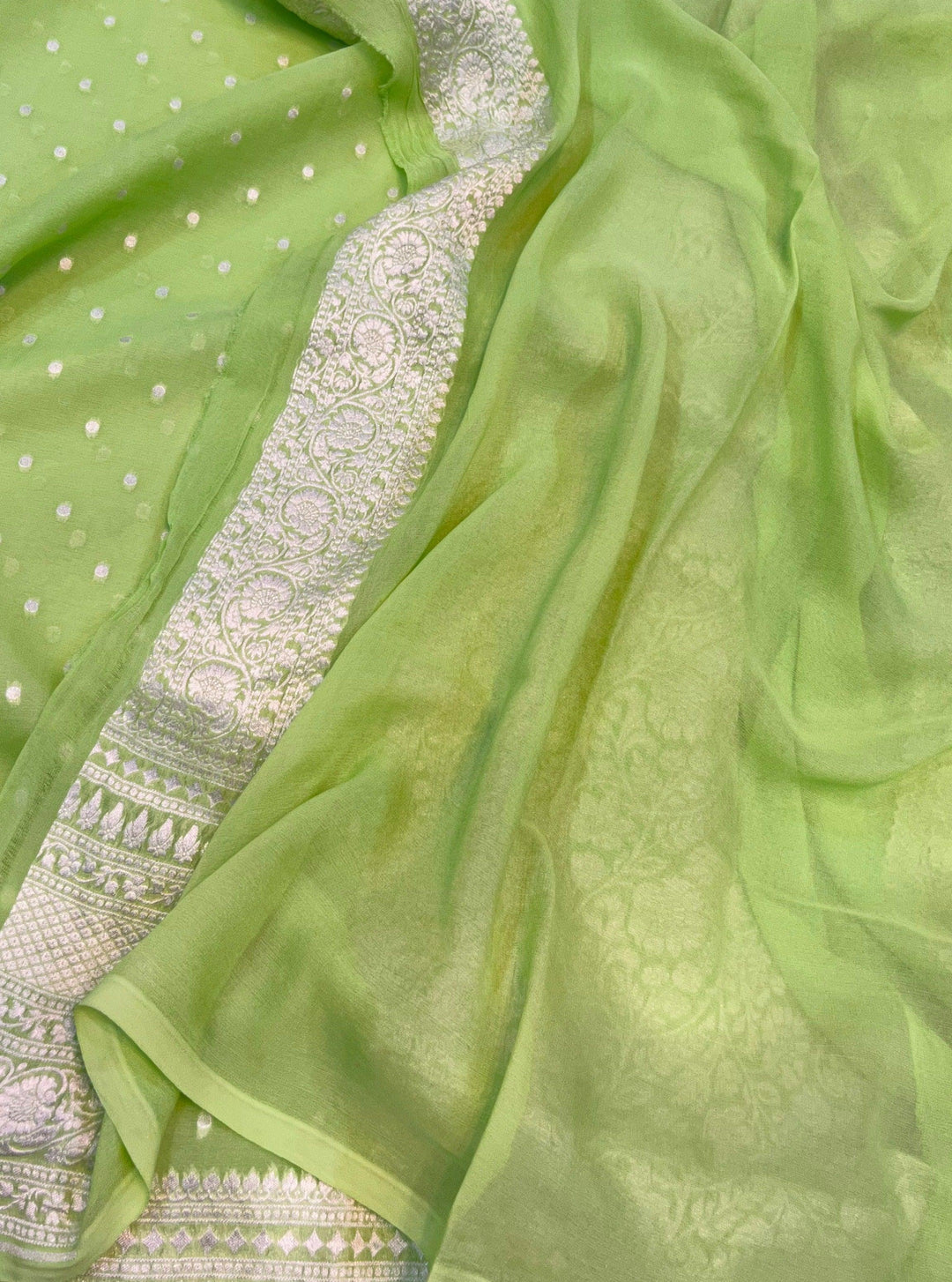 Pista Green Banarasi Handloom Pure Khaddi Georgette Saree - Aura Benaras