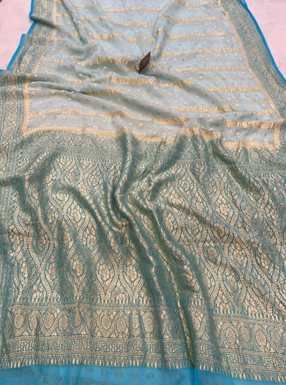 Pale Blue Banarasi Handloom Pure Khaddi Georgette Saree - Aura Benaras