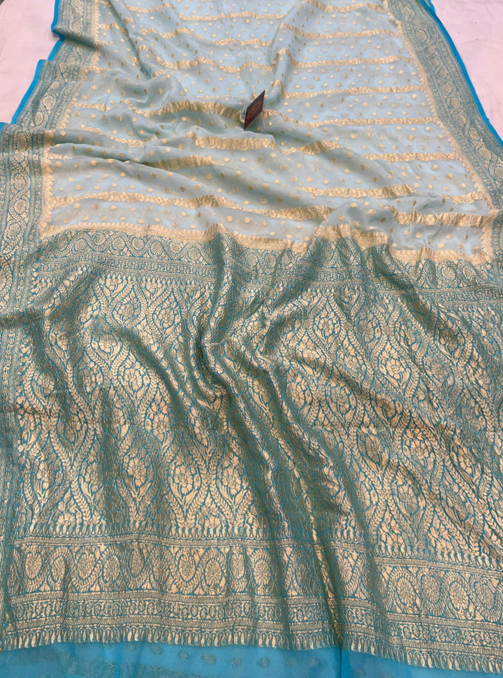 Pale Blue Banarasi Handloom Pure Khaddi Georgette Saree - Aura Benaras