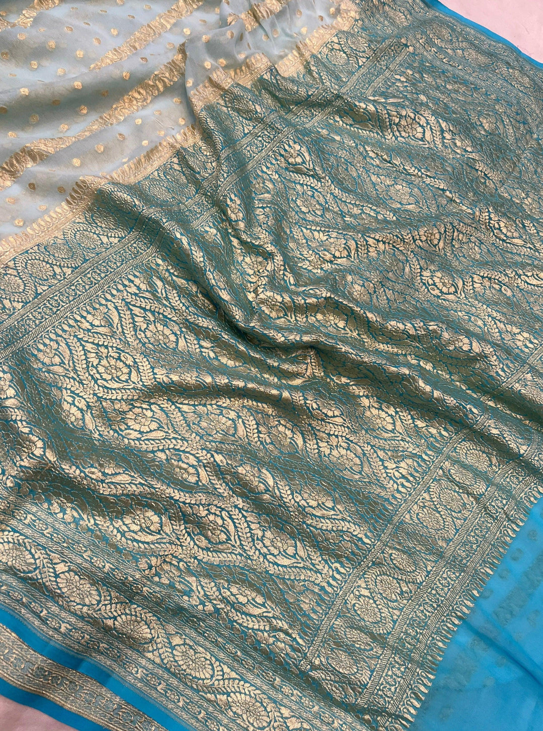 Pale Blue Banarasi Handloom Pure Khaddi Georgette Saree - Aura Benaras