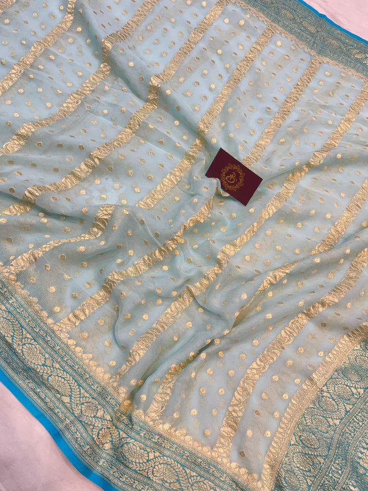 Pale Blue Banarasi Handloom Pure Khaddi Georgette Saree - Aura Benaras