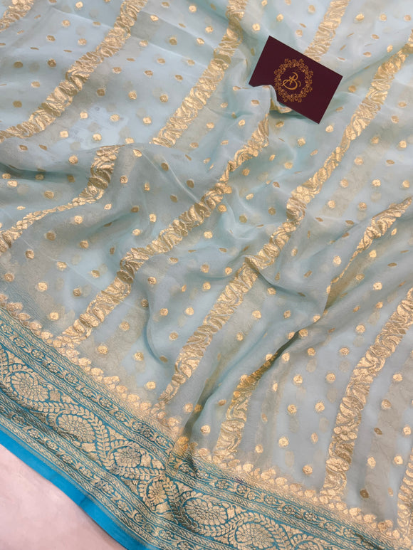 Pale Blue Banarasi Handloom Pure Khaddi Georgette Saree - Aura Benaras