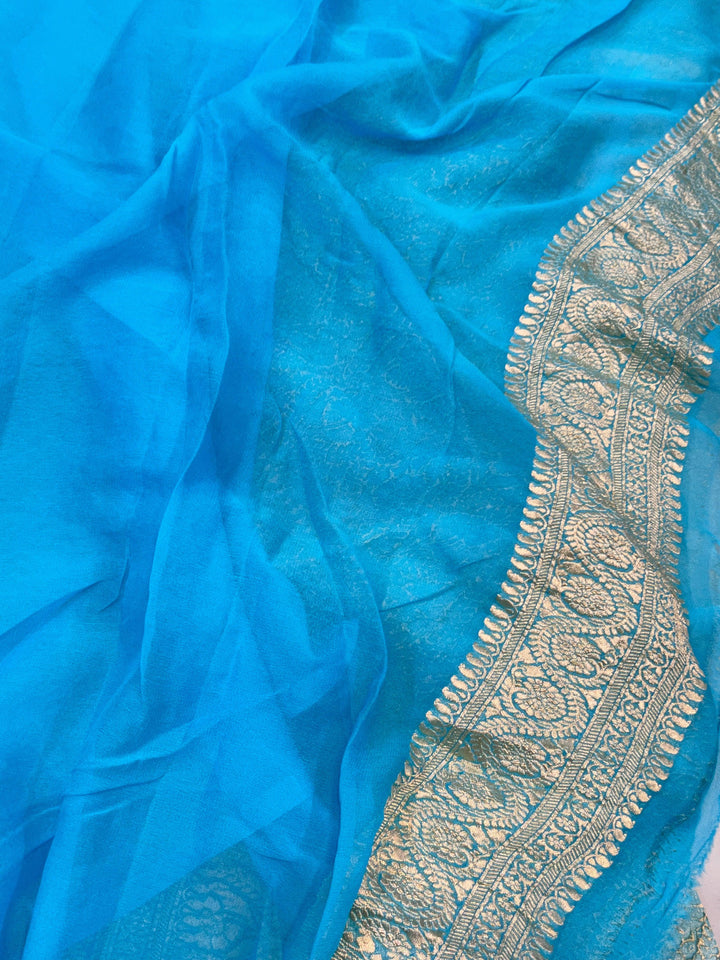Pale Blue Banarasi Handloom Pure Khaddi Georgette Saree - Aura Benaras