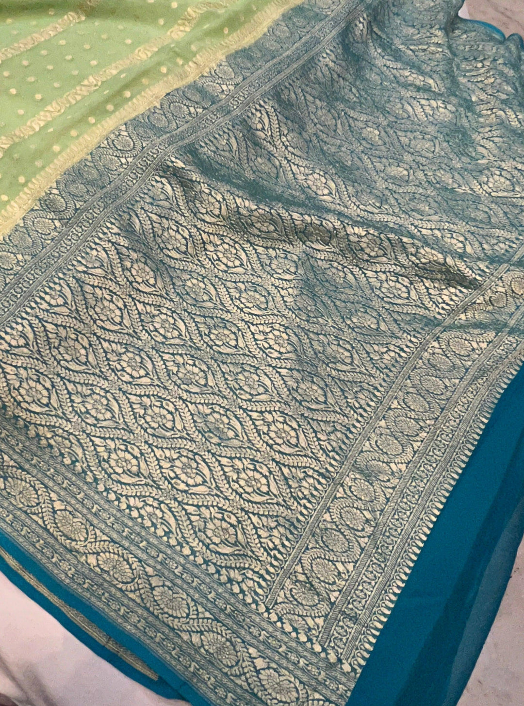 Pista Green Banarasi Handloom Pure Khaddi Georgette Saree - Aura Benaras
