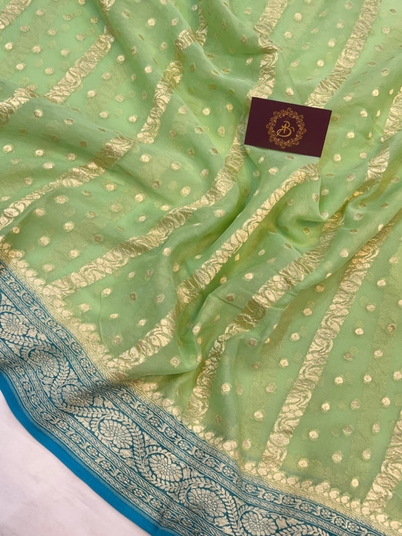 Pista Green Banarasi Handloom Pure Khaddi Georgette Saree - Aura Benaras