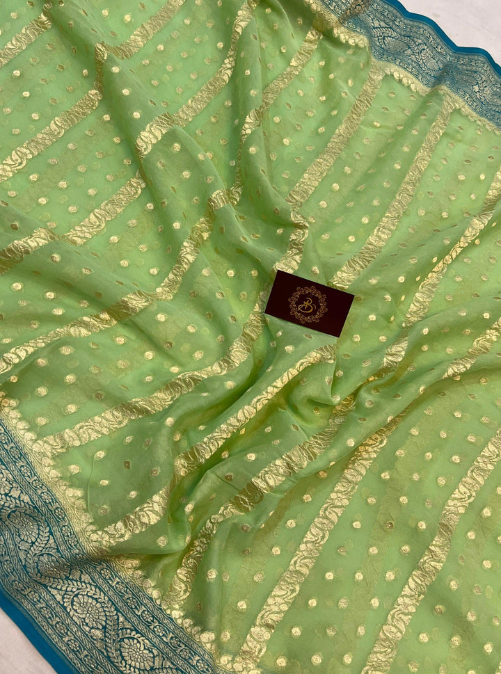Pista Green Banarasi Handloom Pure Khaddi Georgette Saree - Aura Benaras
