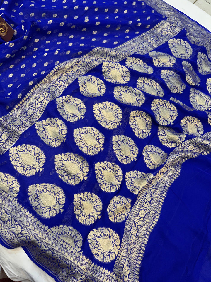 Royal Blue Banarasi Handloom Pure Khaddi Georgette Saree - Aura Benaras