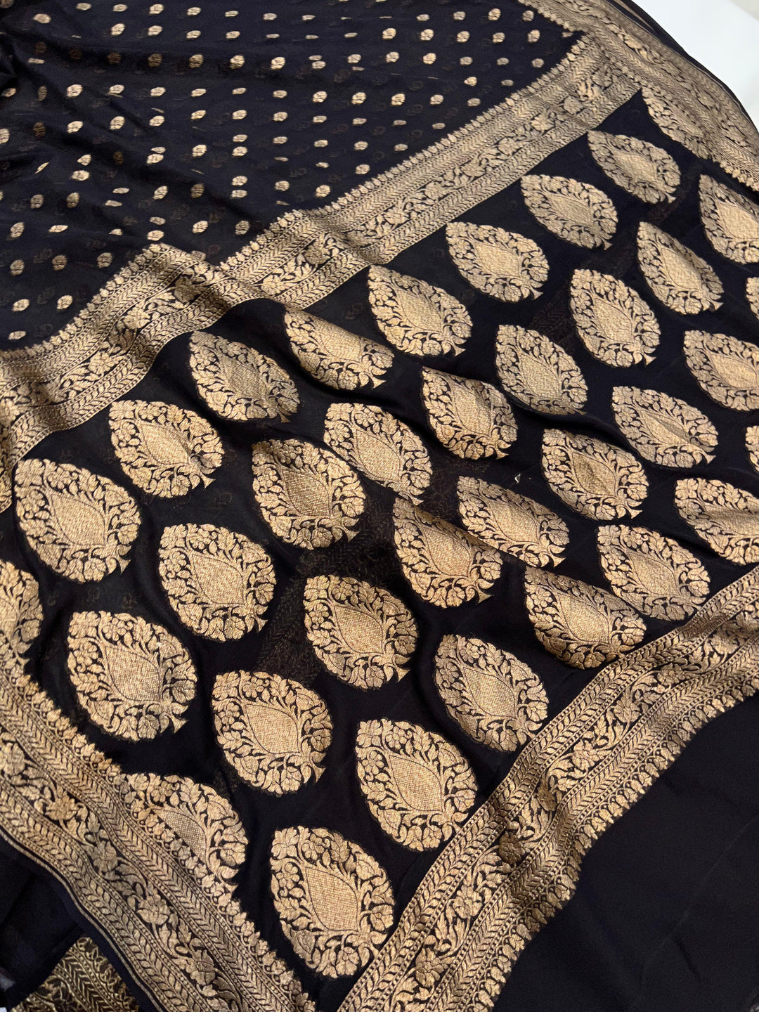Black Banarasi Handloom Pure Khaddi Georgette Saree - Aura Benaras