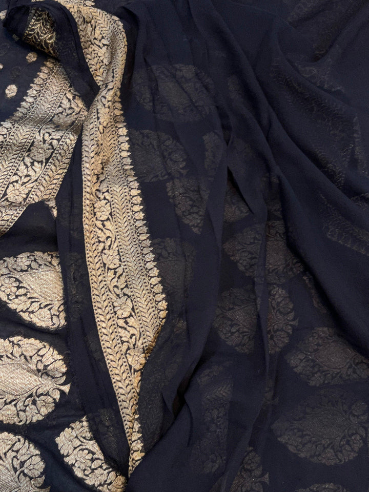 Black Banarasi Handloom Pure Khaddi Georgette Saree - Aura Benaras