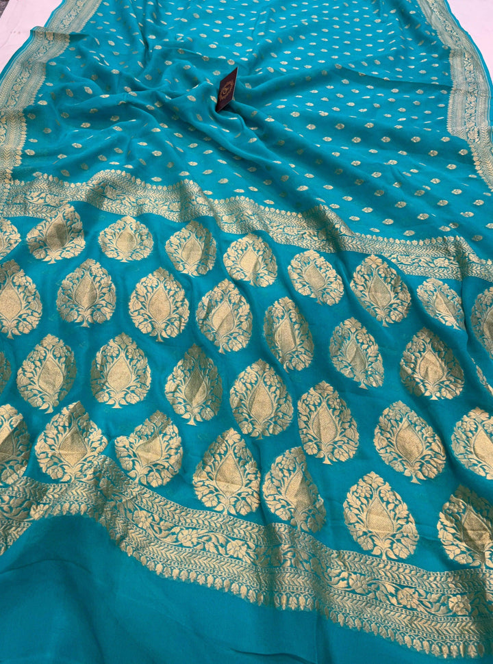 Turquoise Blue Banarasi Handloom Pure Khaddi Georgette Saree - Aura Benaras