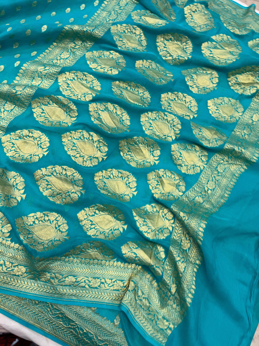 Turquoise Blue Banarasi Handloom Pure Khaddi Georgette Saree - Aura Benaras