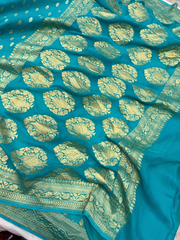 Turquoise Blue Banarasi Handloom Pure Khaddi Georgette Saree - Aura Benaras