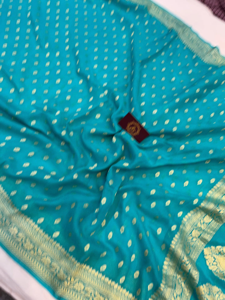Turquoise Blue Banarasi Handloom Pure Khaddi Georgette Saree - Aura Benaras