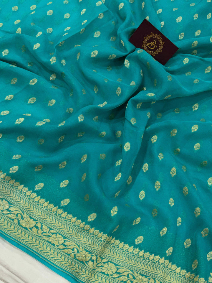 Turquoise Blue Banarasi Handloom Pure Khaddi Georgette Saree - Aura Benaras