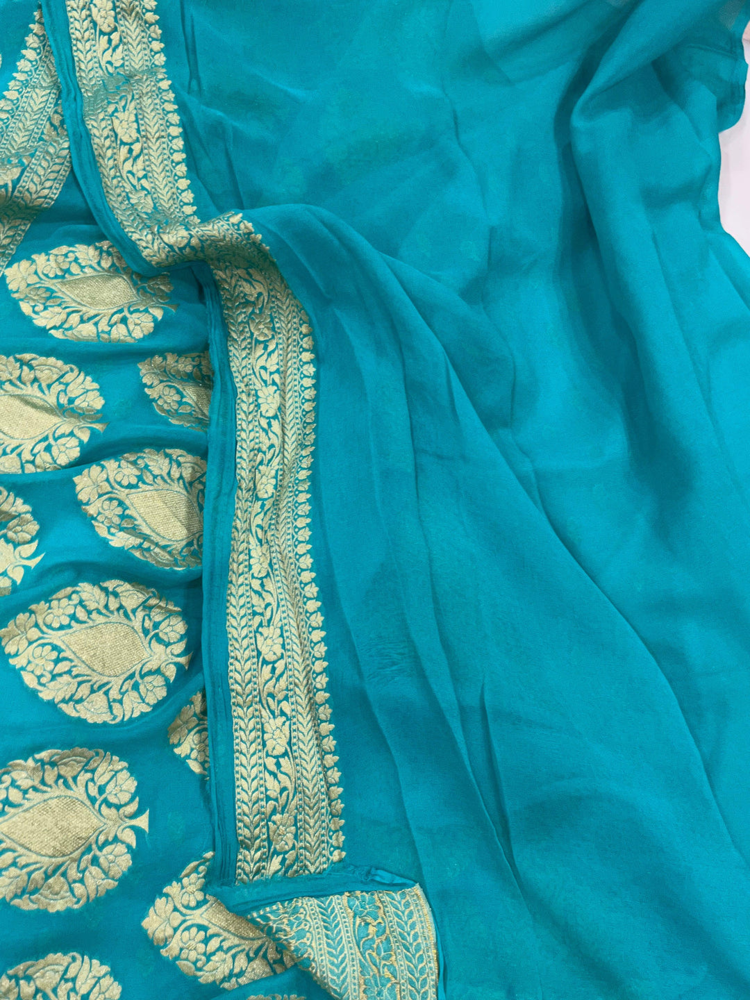 Turquoise Blue Banarasi Handloom Pure Khaddi Georgette Saree - Aura Benaras