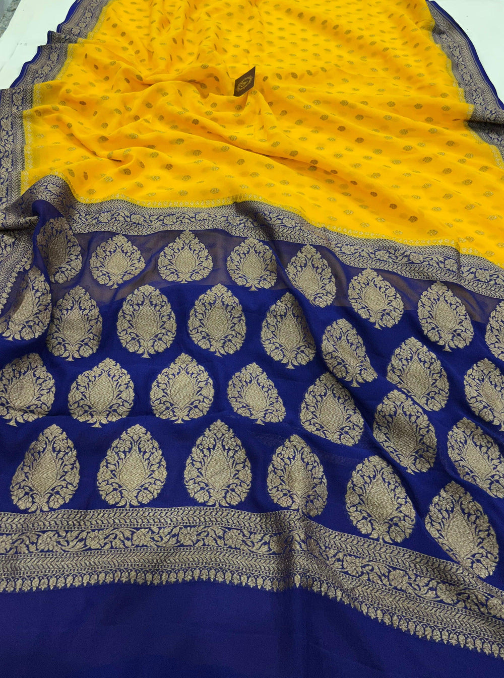 Yellow Banarasi Handloom Pure Khaddi Georgette Saree - Aura Benaras