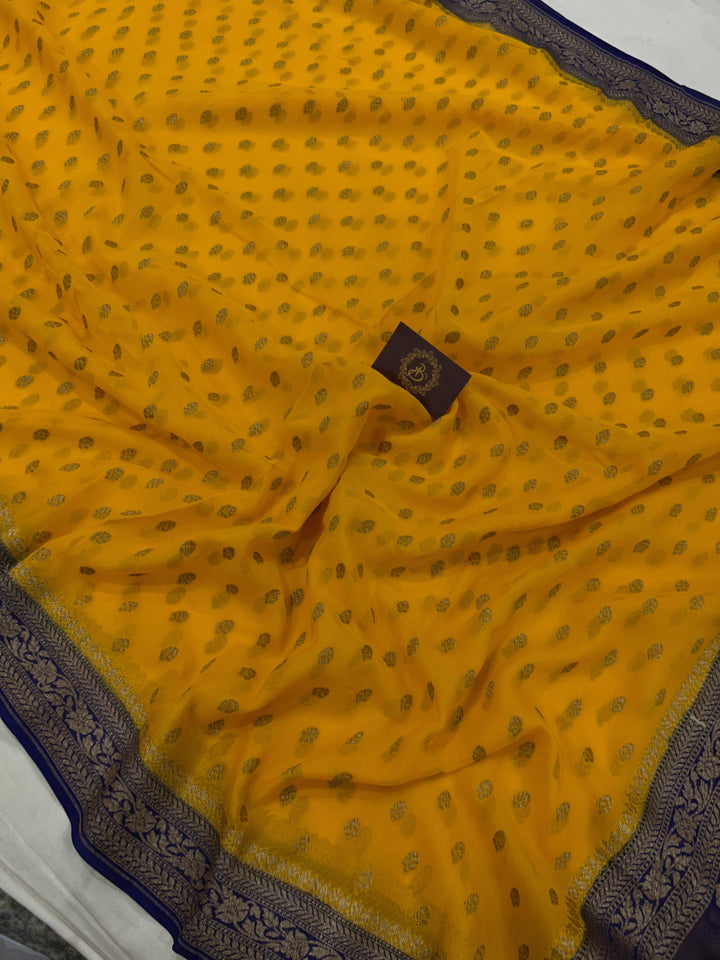 Yellow Banarasi Handloom Pure Khaddi Georgette Saree - Aura Benaras