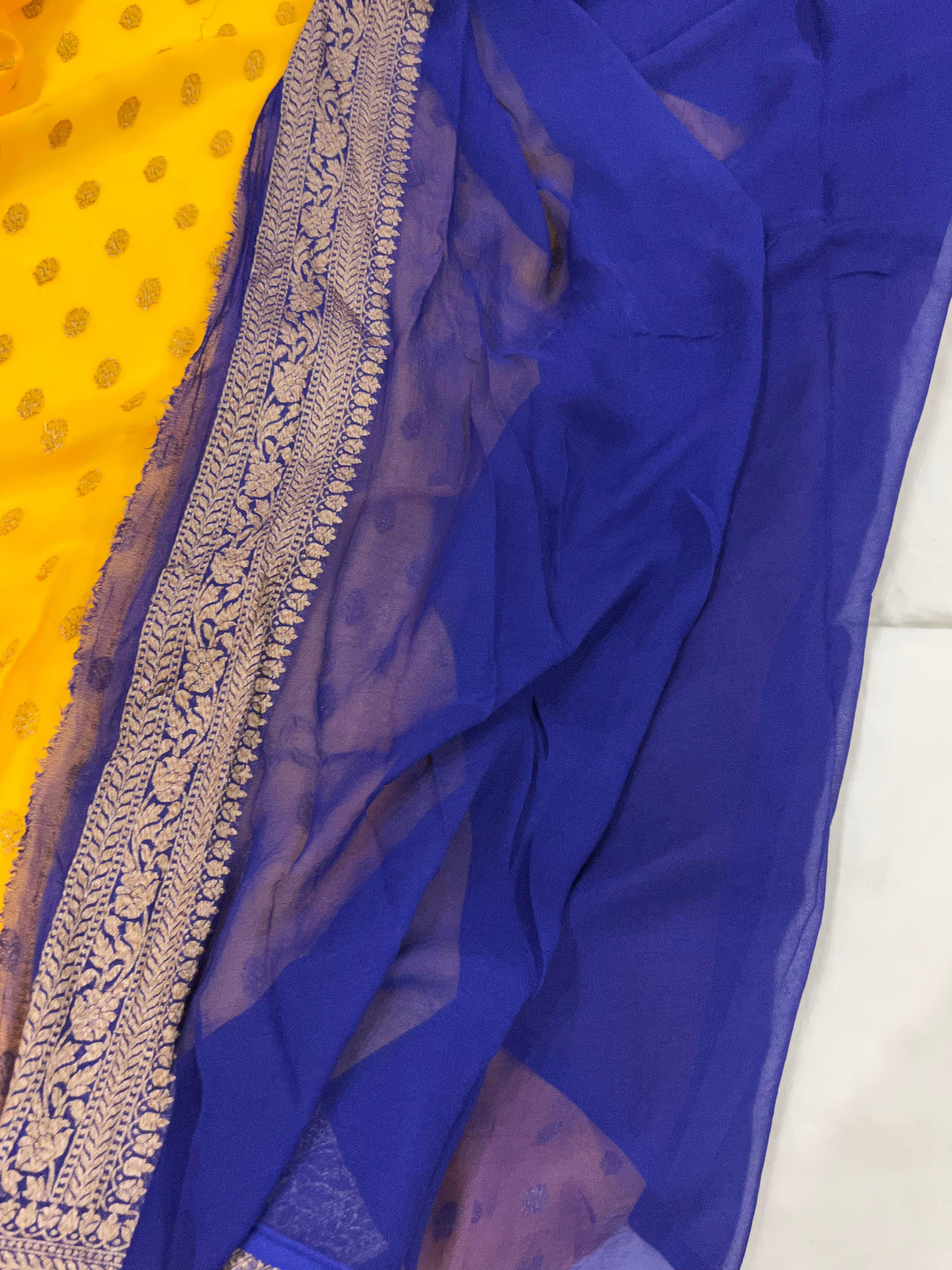 Yellow Banarasi Handloom Pure Khaddi Georgette Saree - Aura Benaras