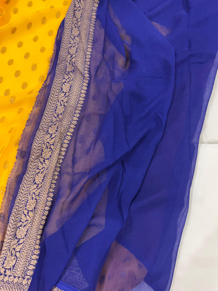 Yellow Banarasi Handloom Pure Khaddi Georgette Saree - Aura Benaras
