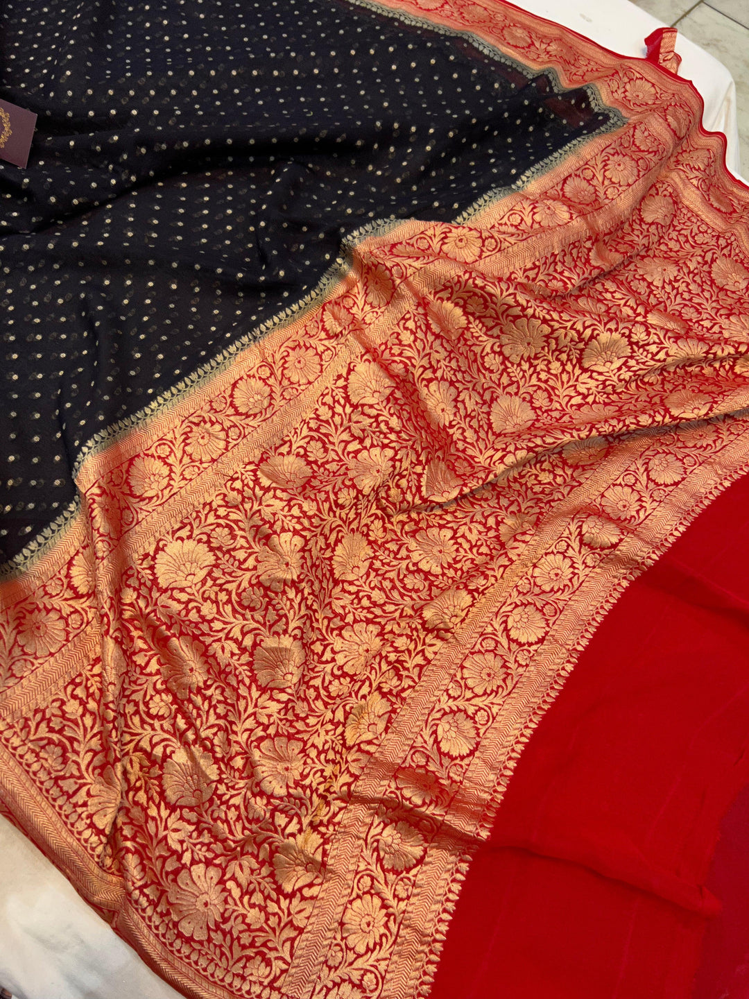 Black Banarasi Handloom Pure Khaddi Georgette Saree - Aura Benaras