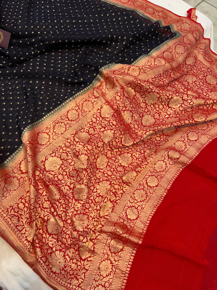 Black Banarasi Handloom Pure Khaddi Georgette Saree - Aura Benaras