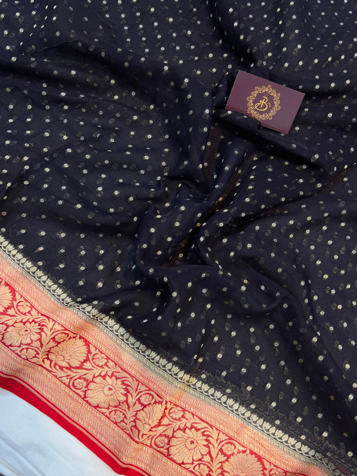 Black Banarasi Handloom Pure Khaddi Georgette Saree - Aura Benaras