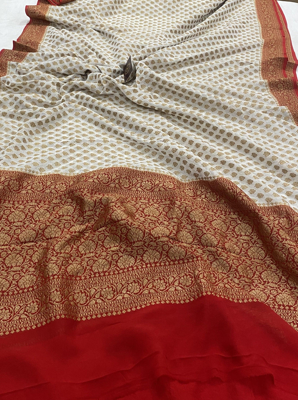 White Pure Banarasi Khaddi Georgette Saree - Aura Benaras