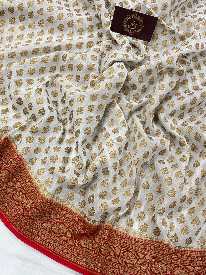 White Pure Banarasi Khaddi Georgette Saree - Aura Benaras