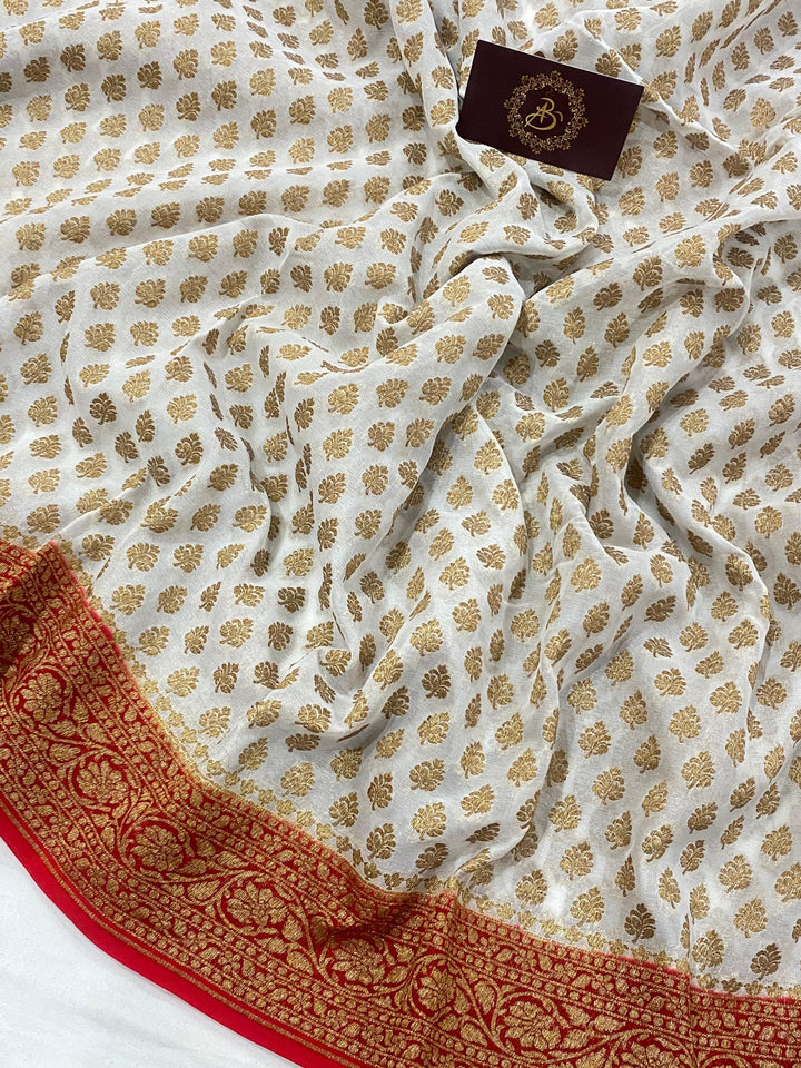 White Pure Banarasi Khaddi Georgette Saree - Aura Benaras