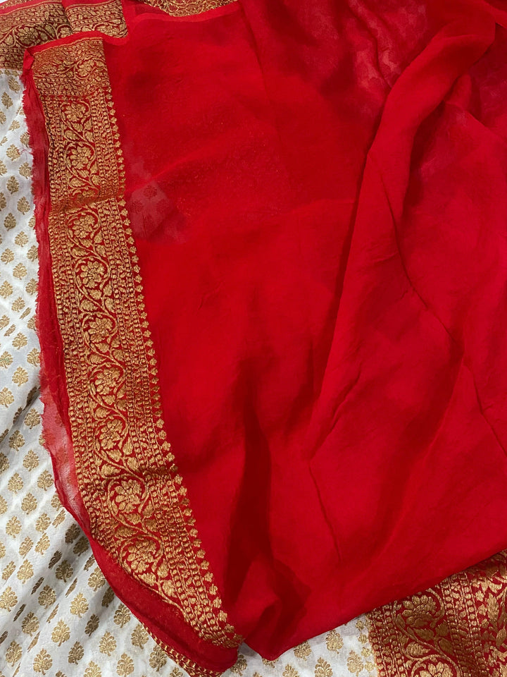 White Pure Banarasi Khaddi Georgette Saree - Aura Benaras