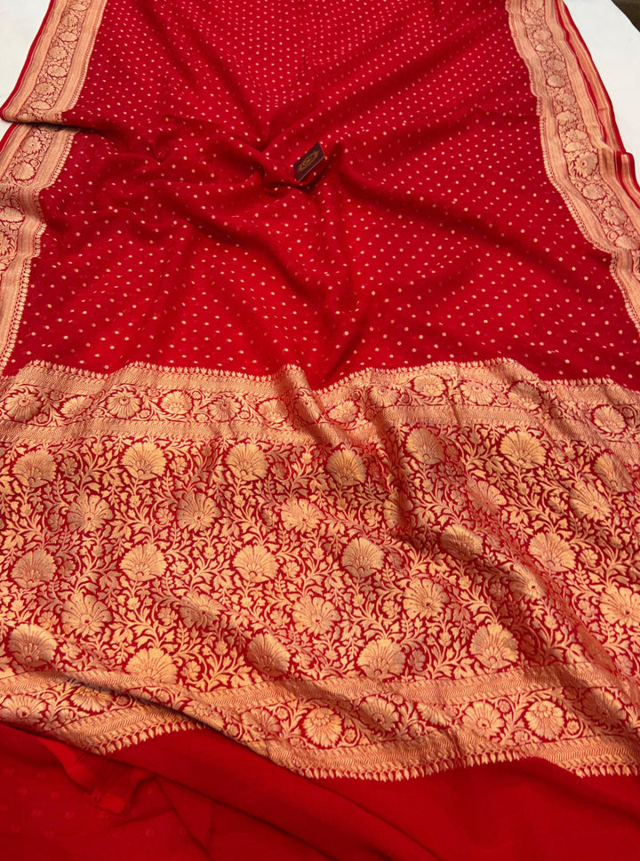 Red Banarasi Handloom Pure Khaddi Georgette Saree - Aura Benaras