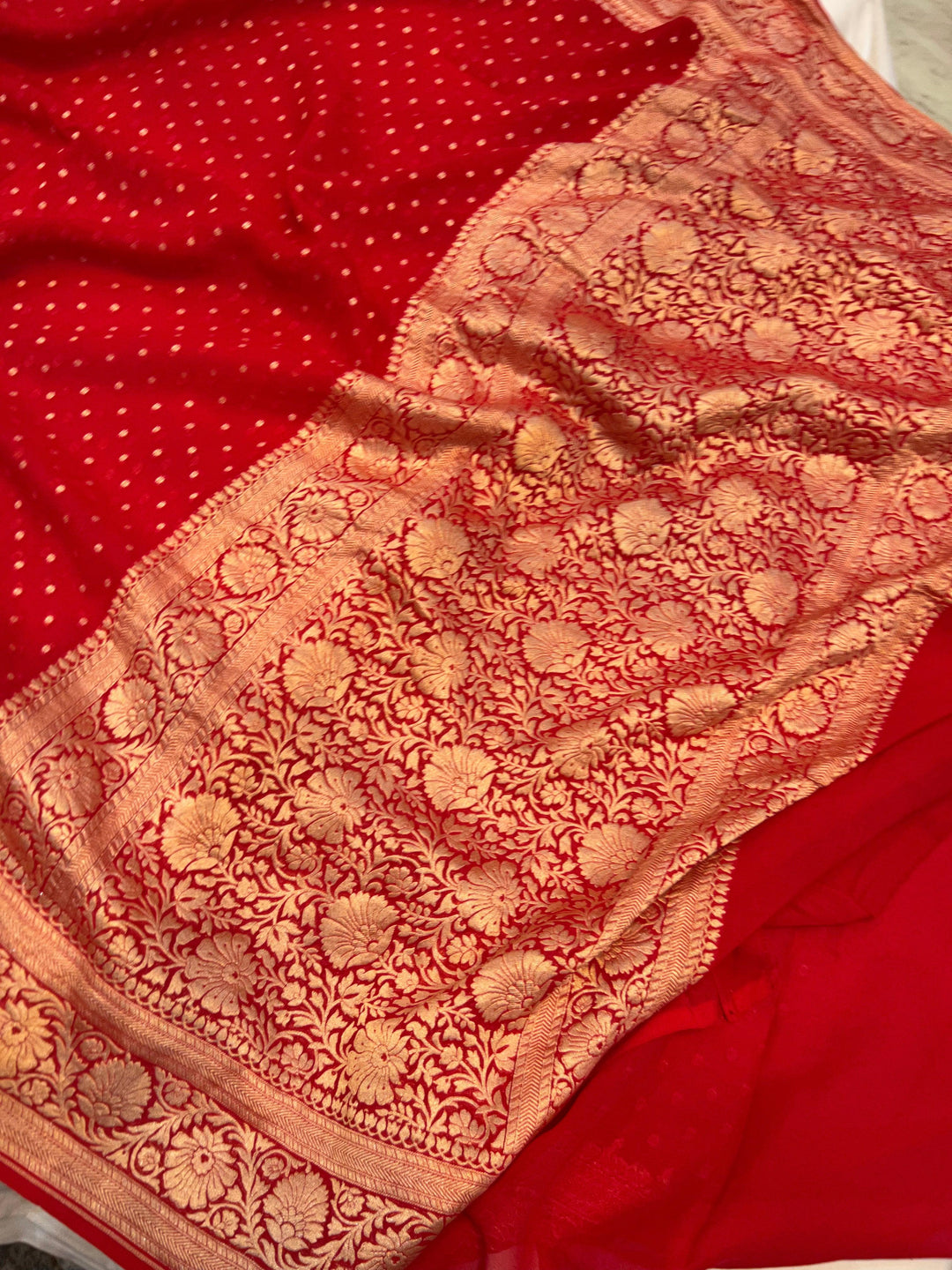 Red Banarasi Handloom Pure Khaddi Georgette Saree - Aura Benaras