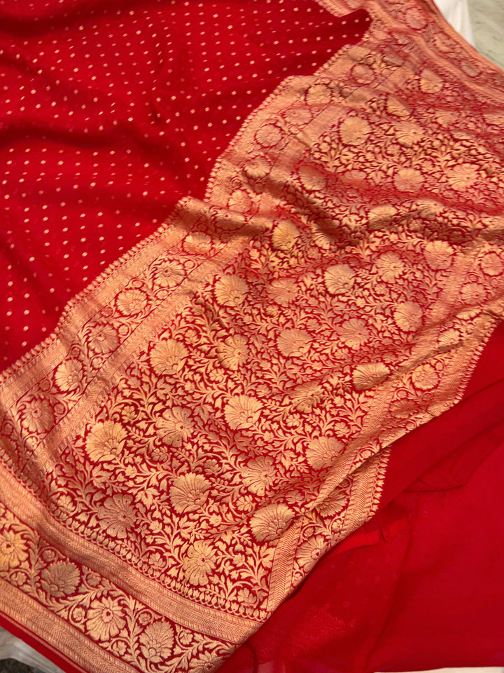 Red Banarasi Handloom Pure Khaddi Georgette Saree - Aura Benaras
