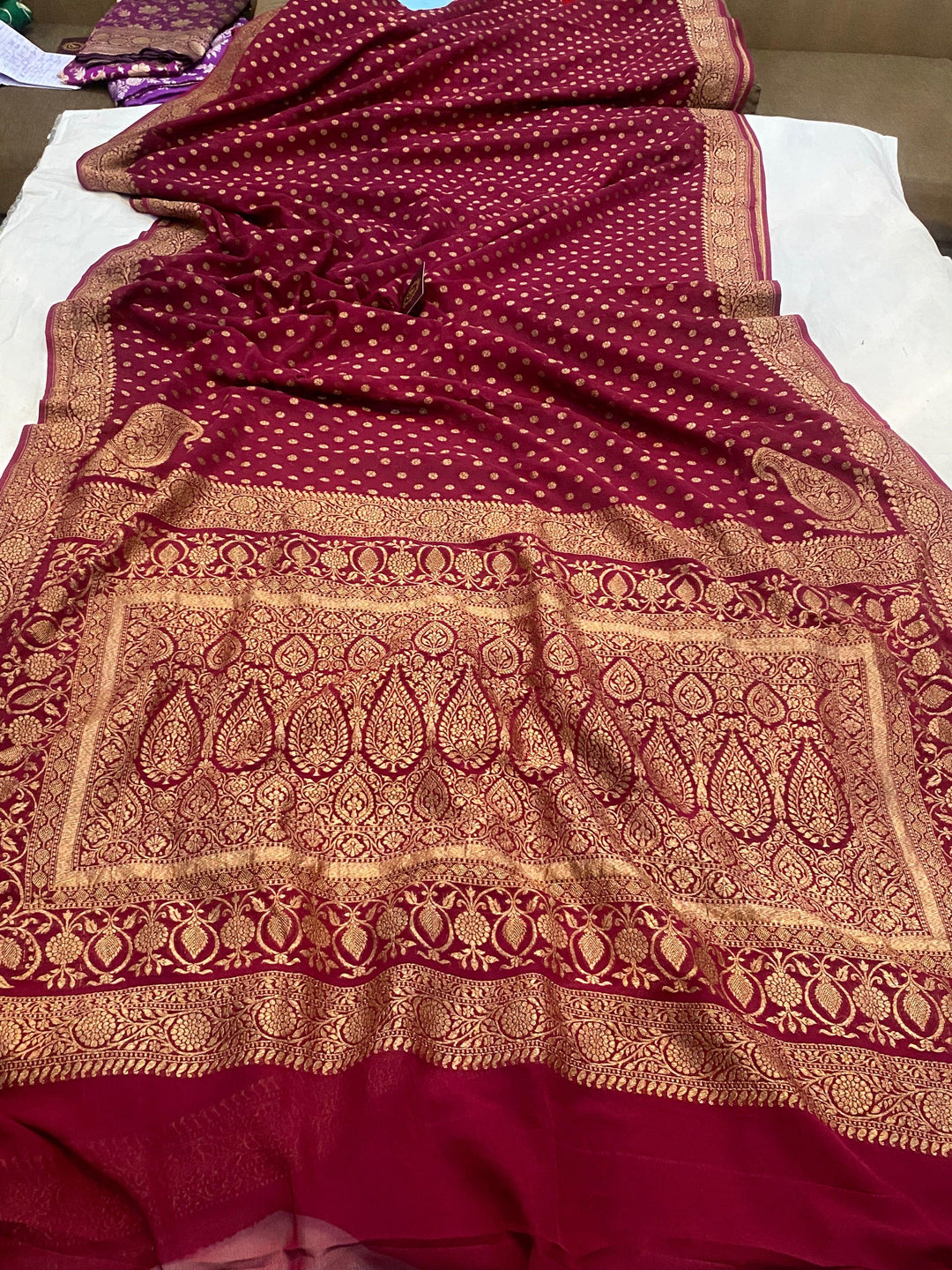 Maroon Banarasi Handloom Pure Khaddi Georgette Silk Saree - Aura Benaras