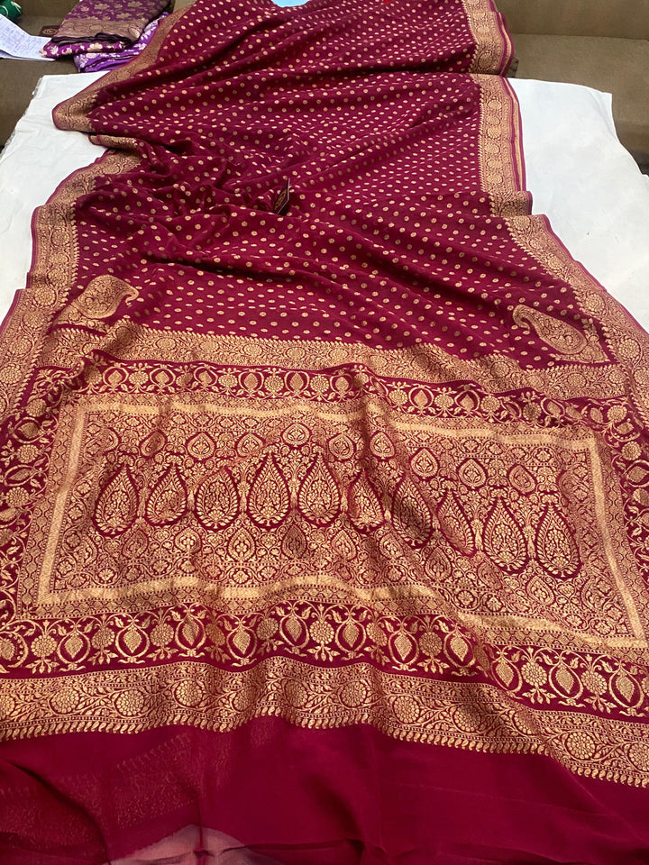 Maroon Banarasi Handloom Pure Khaddi Georgette Silk Saree - Aura Benaras