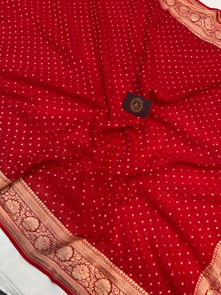 Red Banarasi Handloom Pure Khaddi Georgette Saree - Aura Benaras