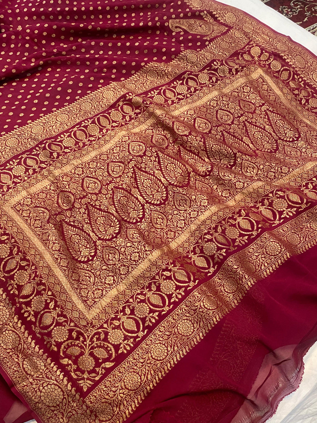 Maroon Banarasi Handloom Pure Khaddi Georgette Silk Saree - Aura Benaras