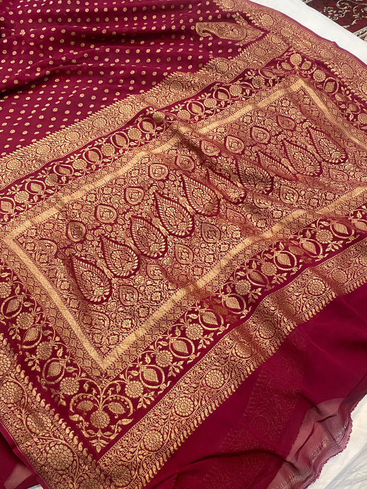 Maroon Banarasi Handloom Pure Khaddi Georgette Silk Saree - Aura Benaras