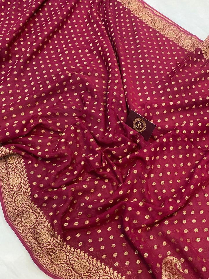 Maroon Banarasi Handloom Pure Khaddi Georgette Silk Saree - Aura Benaras