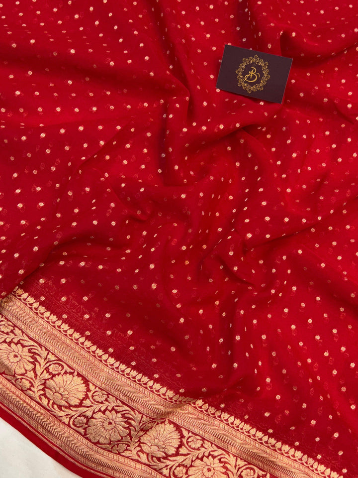 Red Banarasi Handloom Pure Khaddi Georgette Saree - Aura Benaras