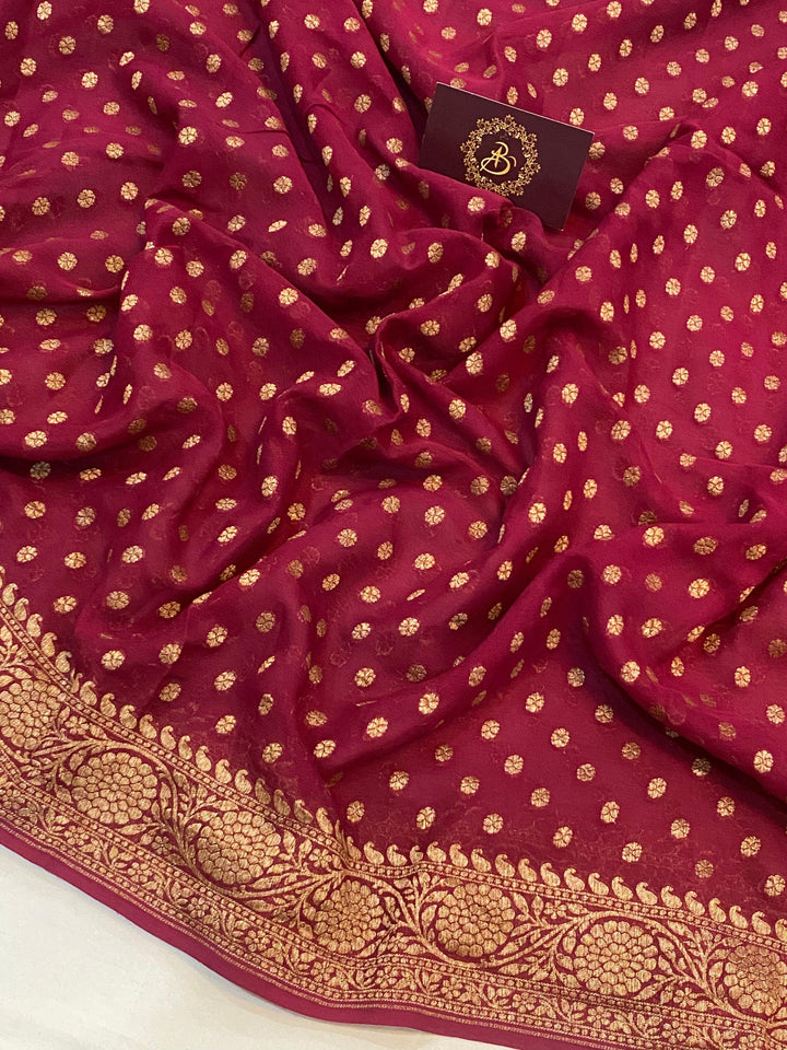 Maroon Banarasi Handloom Pure Khaddi Georgette Silk Saree - Aura Benaras