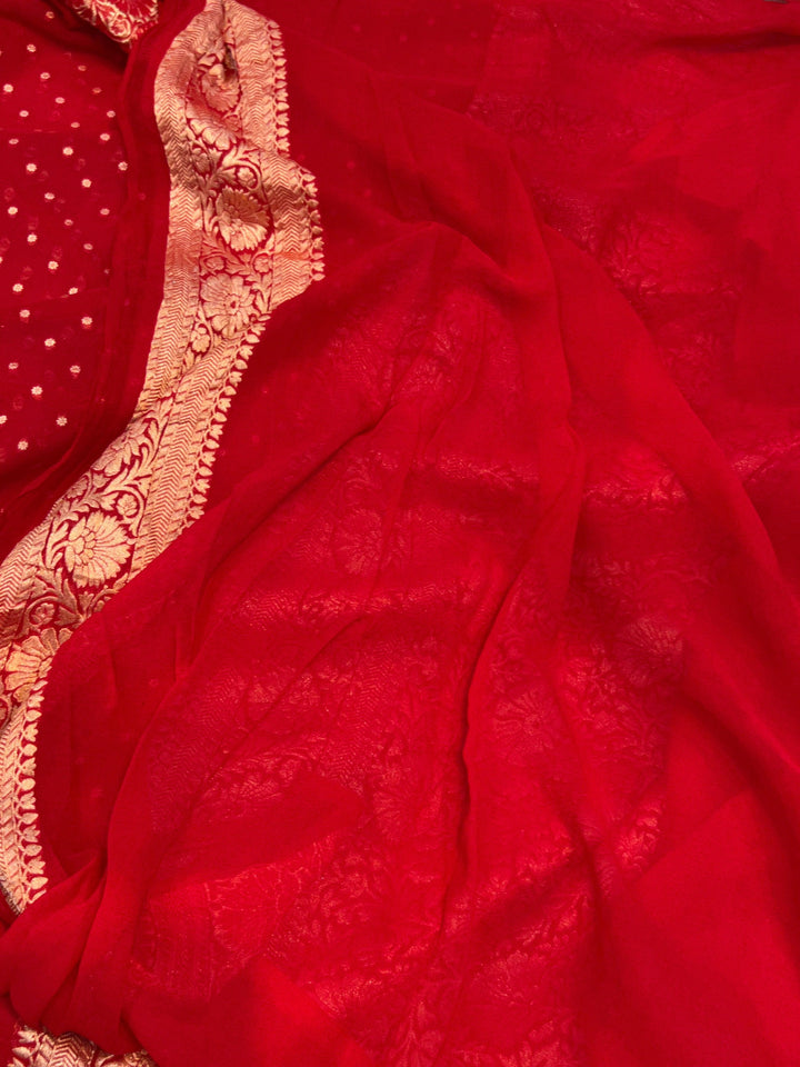 Red Banarasi Handloom Pure Khaddi Georgette Saree - Aura Benaras