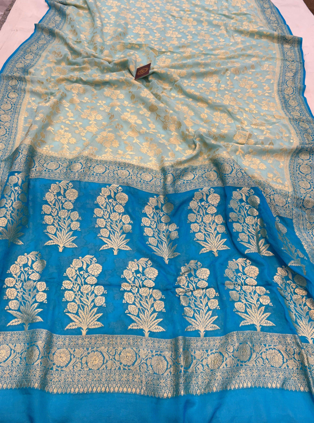 Pale Blue Pure Banarasi Handloom Khaddi Georgette Saree - Aura Benaras