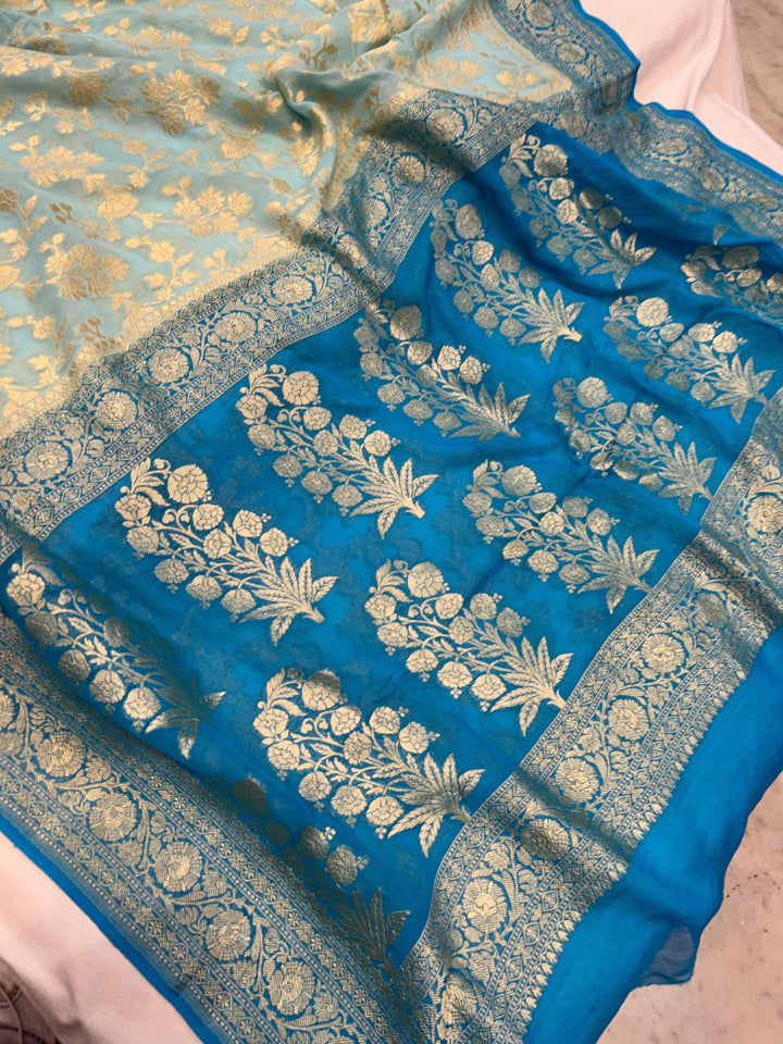 Pale Blue Pure Banarasi Handloom Khaddi Georgette Saree - Aura Benaras
