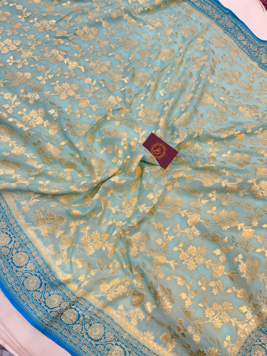 Pale Blue Pure Banarasi Handloom Khaddi Georgette Saree - Aura Benaras