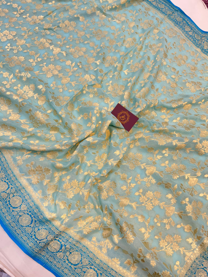 Pale Blue Pure Banarasi Handloom Khaddi Georgette Saree - Aura Benaras