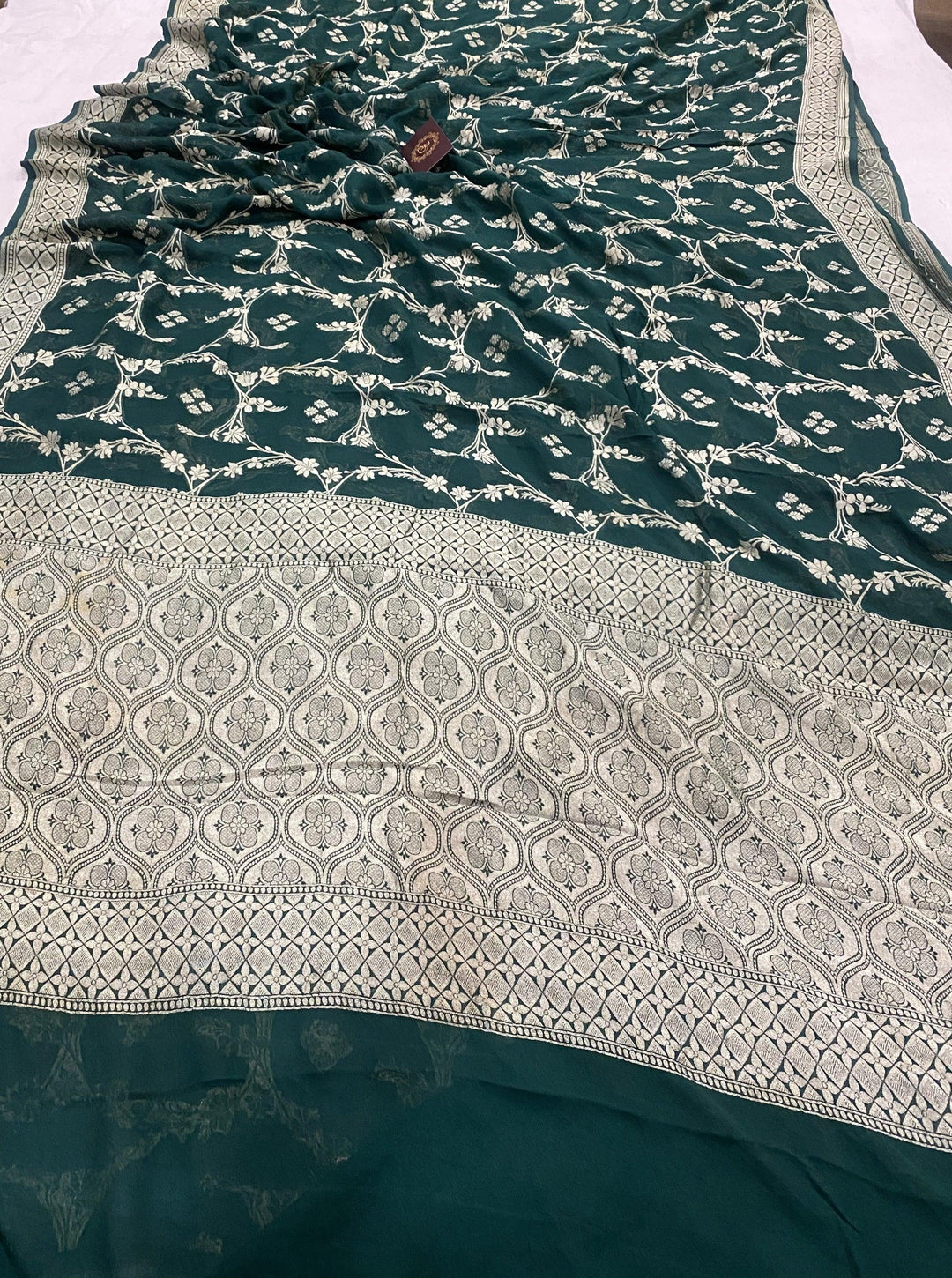 Bottle Green Pure Banarasi Khaddi Georgette Saree - Aura Benaras