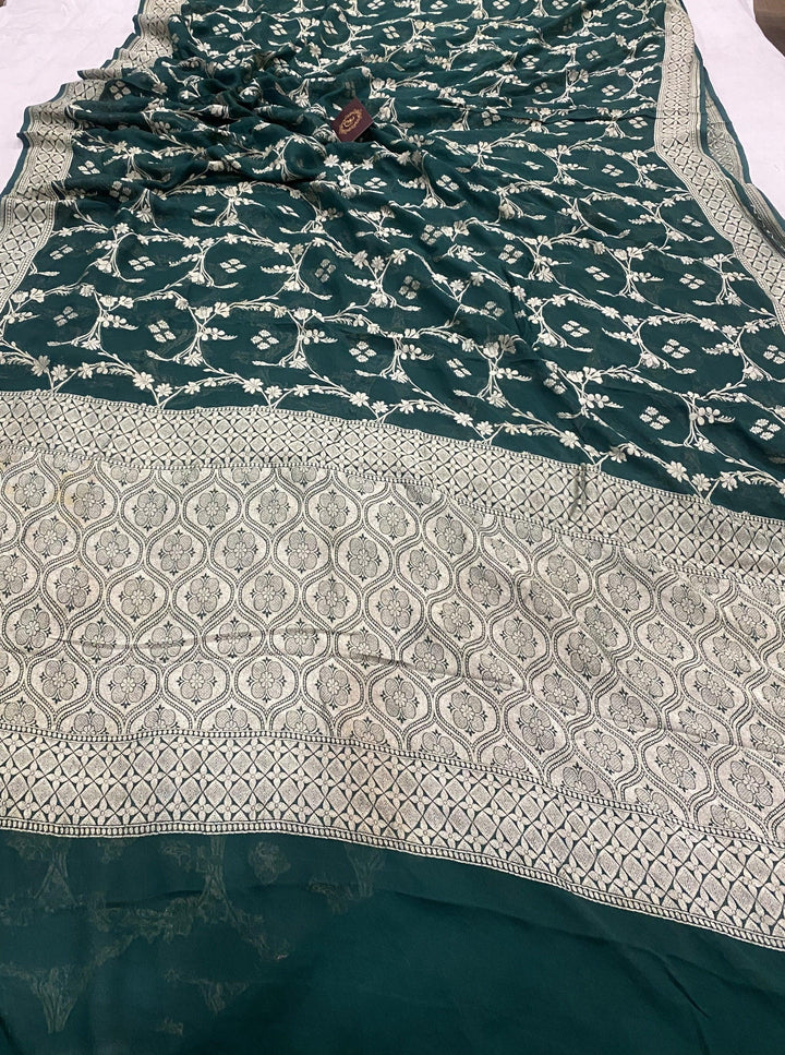 Bottle Green Pure Banarasi Khaddi Georgette Saree - Aura Benaras