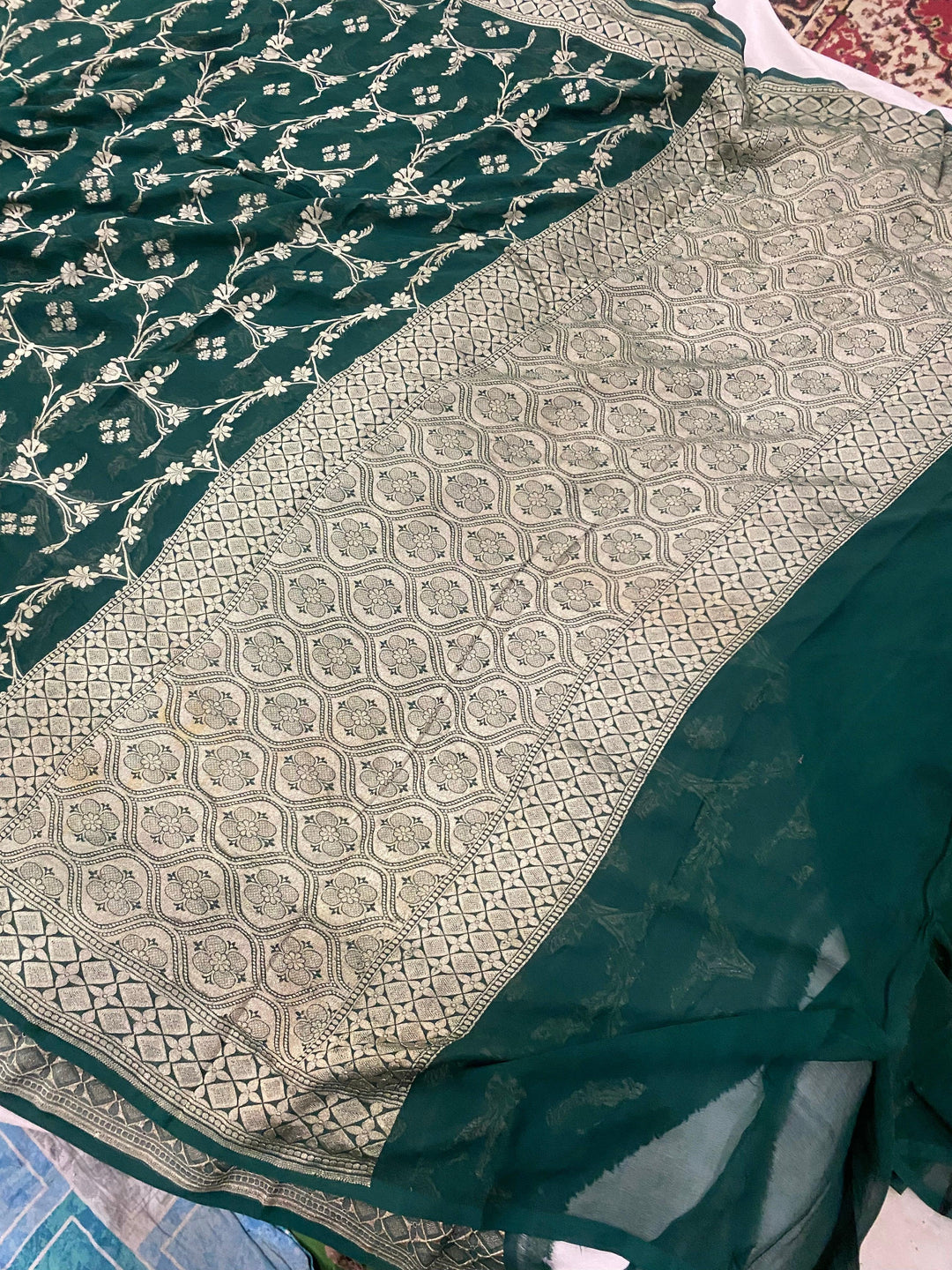 Bottle Green Pure Banarasi Khaddi Georgette Saree - Aura Benaras